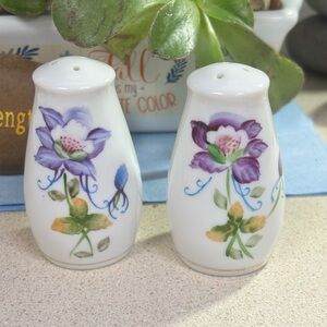 Floral Ceramic Salt and Pepper Shakers. Purple Flowers. Colorado Columbine.
